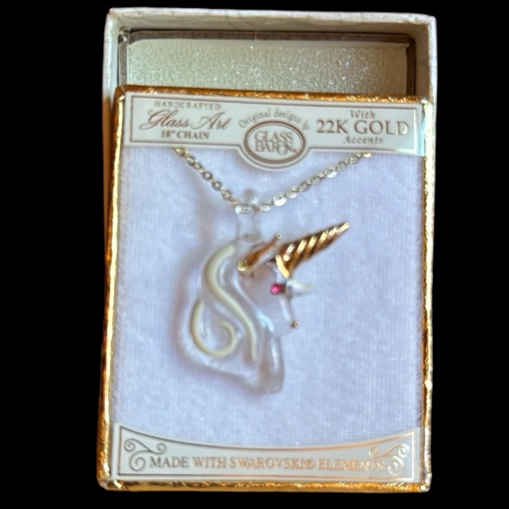 NIB Glass Baron Unicorn Necklace 24K Gold Accents